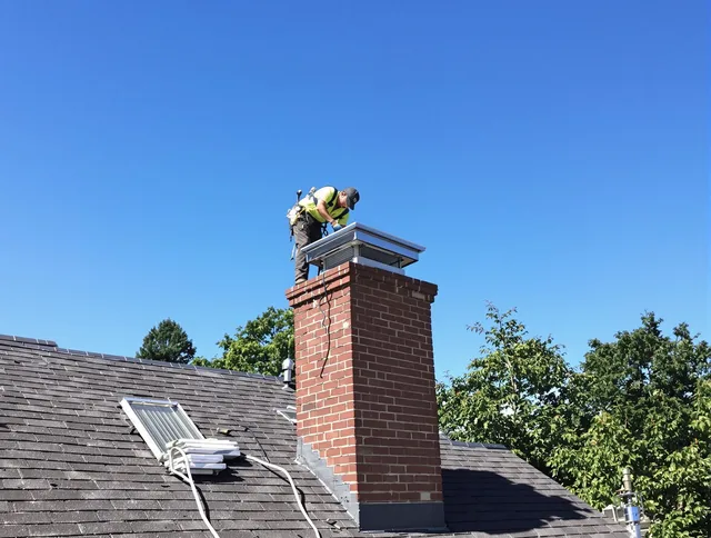 Concord Chimney Sweep technician measuring a chimney cap in Concord, NC